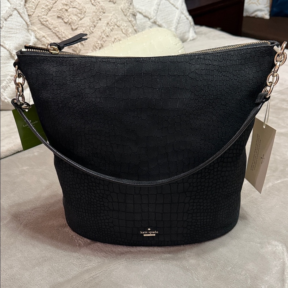Kate Spade Black Croc-Embossed Shoulder Bag